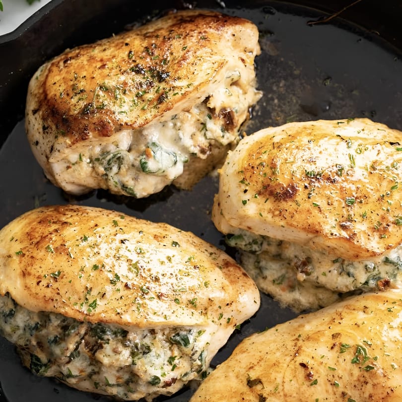 Four golden-brown, herb-crusted chicken breasts, stuffed with a creamy filling, in a black cast iron pan.